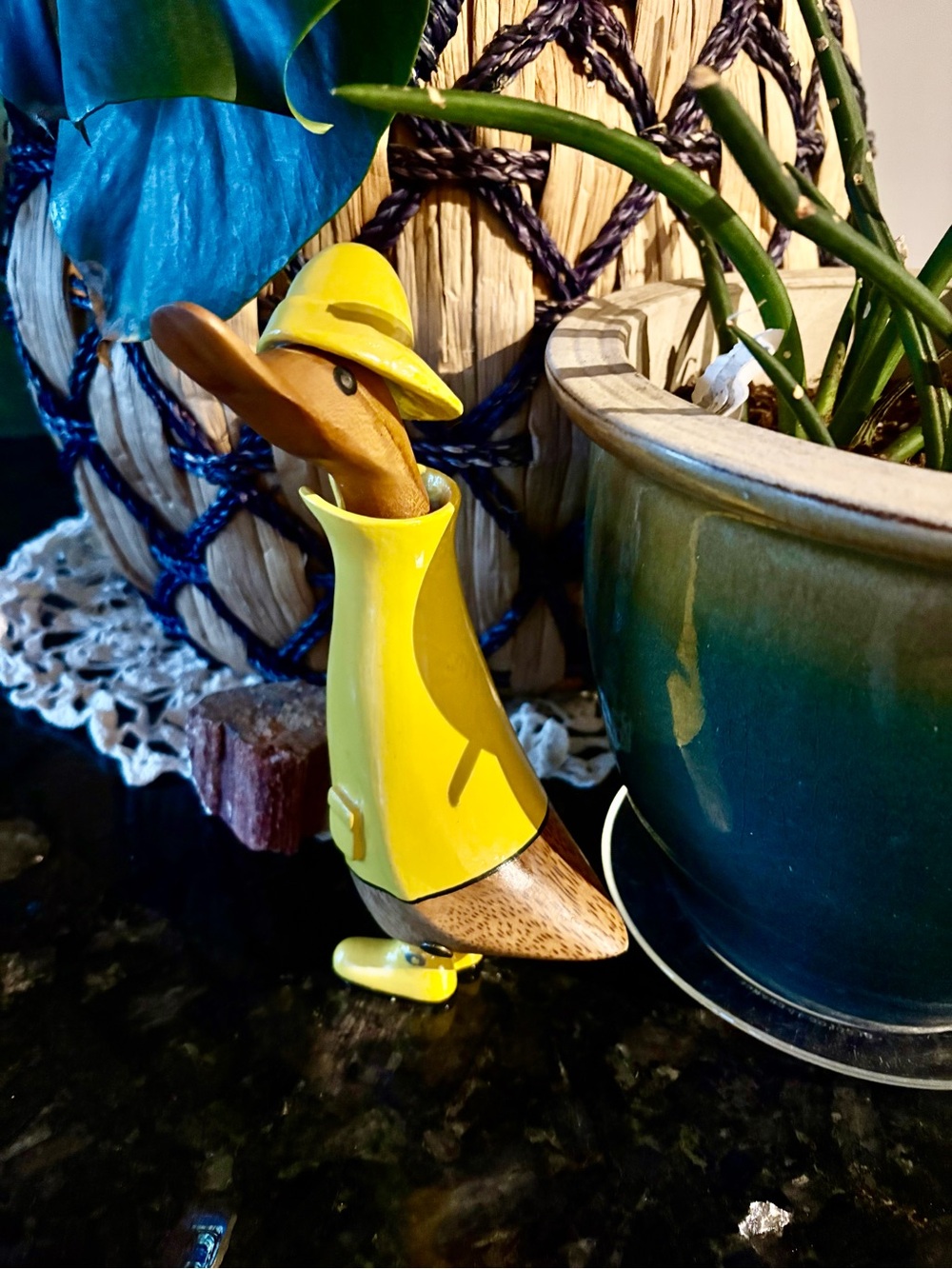 Yellow Wooden Duck (Dcuk) Figurine in Raincoat and Hat
